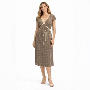 LOFT Brown and Cream Wrap Tie Front Midi Dress